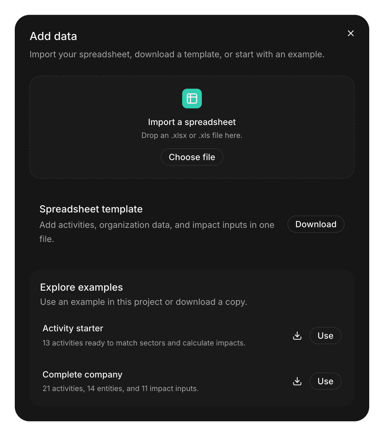 Add data dialog with the file drop zone, the spreadsheet template download, and the Activity starter and Complete company examples