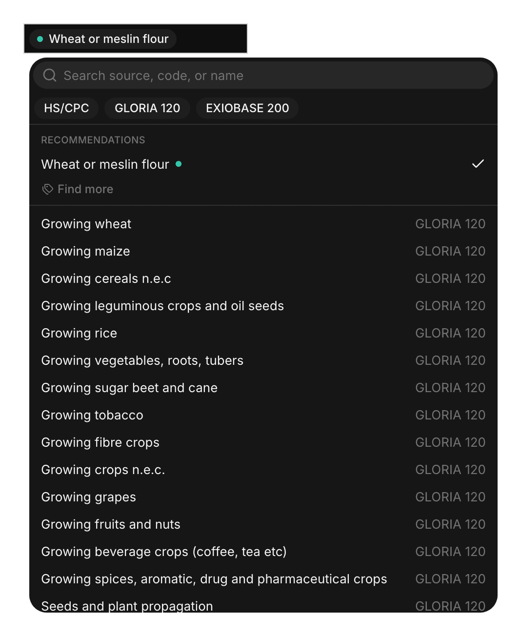 Base sector picker opened from the cell of Wheat flour, with search, sector system filters, recommendations, and the sector list