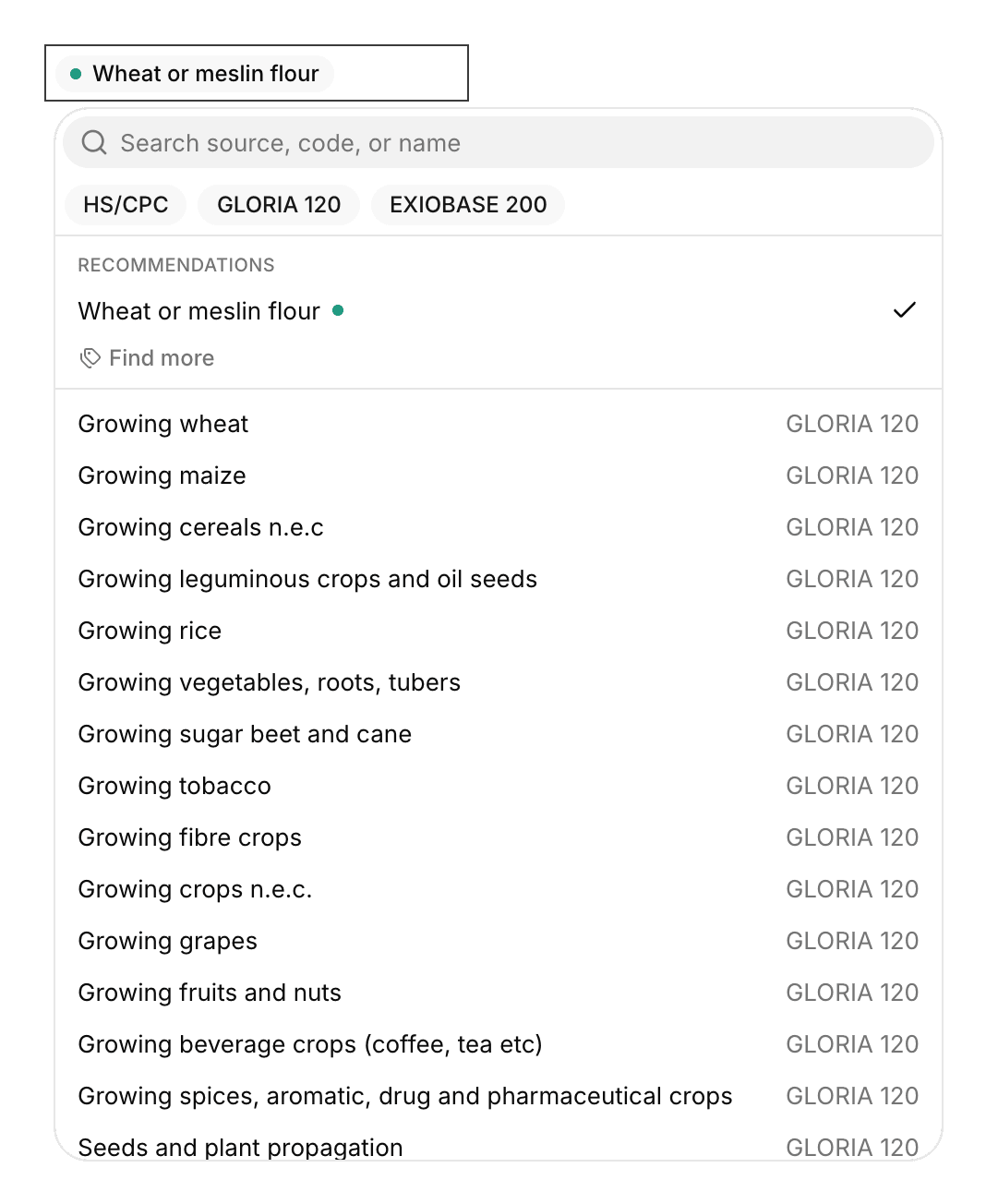Base sector picker opened from the cell of Wheat flour, with search, sector system filters, recommendations, and the sector list