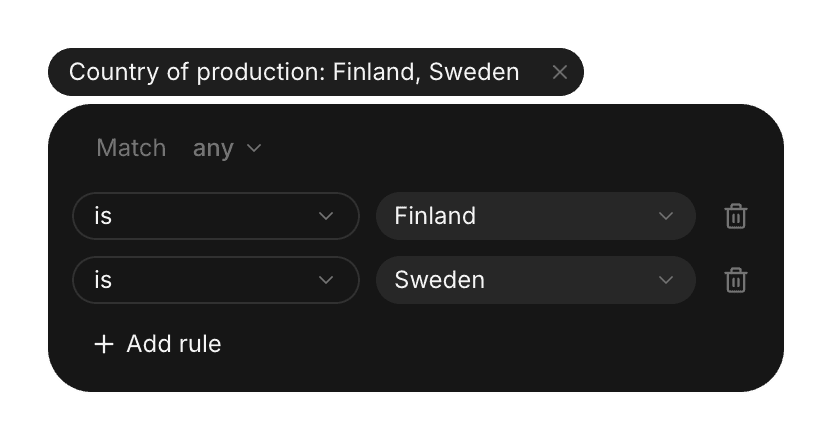 Filter on Country of production with Match any and the rules is Finland and is Sweden