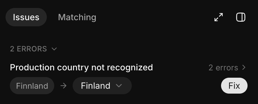 Issues tab with the error group Production country not recognized, replacing Finnland with Finland, and the Fix button
