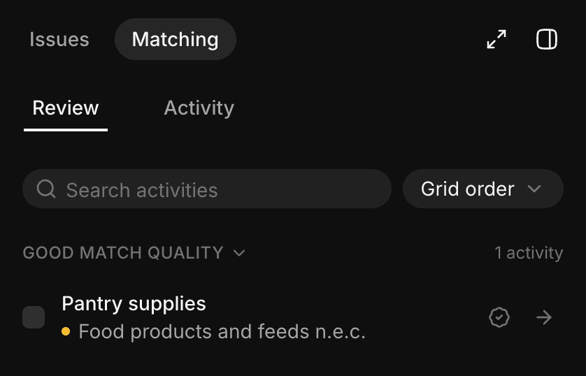 Matching Review tab with the Good match quality section listing Pantry supplies